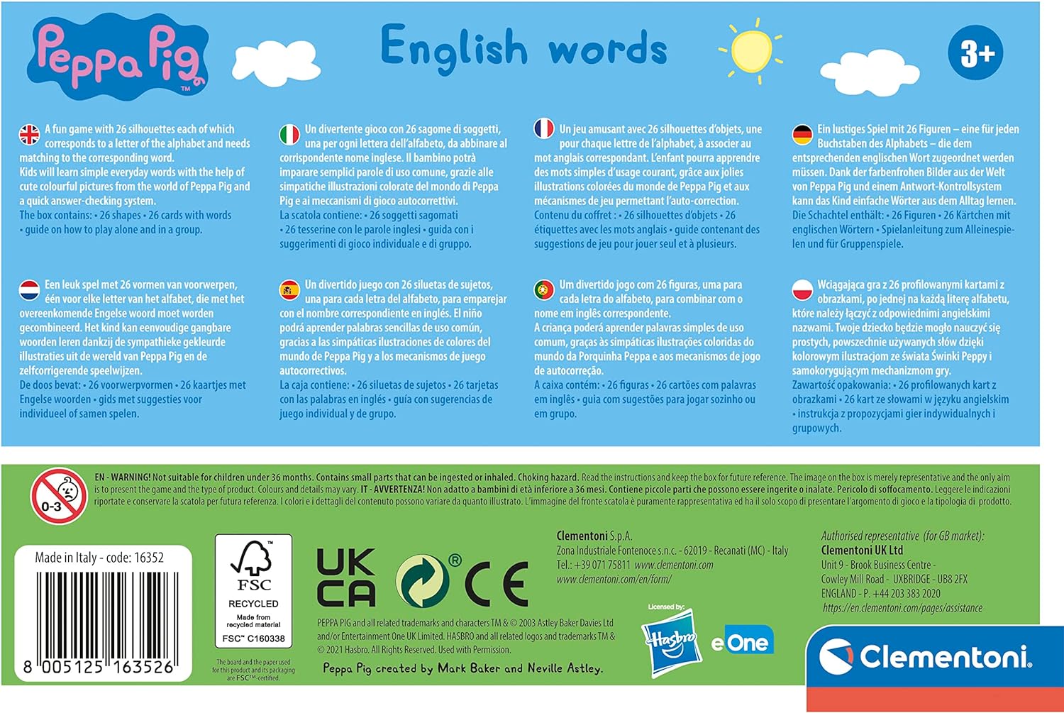 Clementoni Aprendo Peppa Pig Educativo inglés a Partir de 3 años, Juego sostenible (16352), Multicolor, Talla única