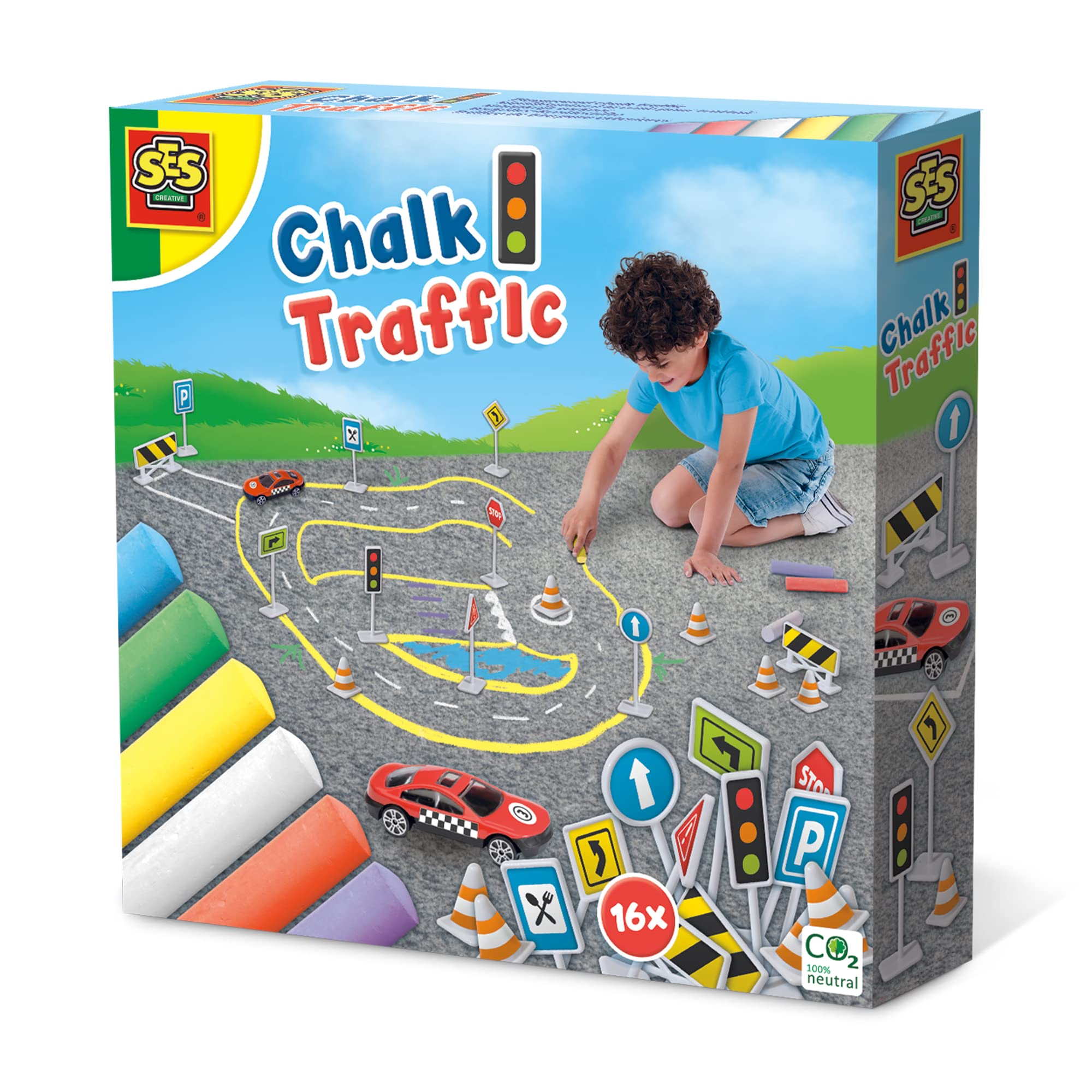 SES Creative- Tizas de Colores-Circuito de Tráfico Suelo, Multicolor (2203