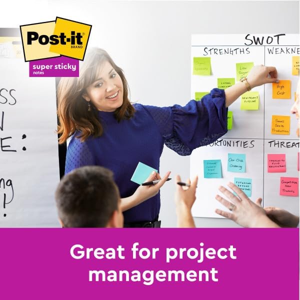 Post-it Super Sticky Notes Playful Color Collection, Pack of 6 Pads, 90 Sheets per Pad, 76 mm x 76 mm, Red, Orange, Yellow, Green, Blue - Extra Sticky Notes For Note Taking, To Do Lists & Reminders