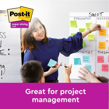 Post-it Super Sticky Notes Playful Color Collection, Pack of 6 Pads, 90 Sheets per Pad, 76 mm x 76 mm, Red, Orange, Yellow, Green, Blue - Extra Sticky Notes For Note Taking, To Do Lists & Reminders