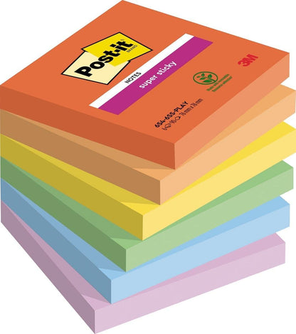 Post-it Super Sticky Notes Playful Color Collection, Pack of 6 Pads, 90 Sheets per Pad, 76 mm x 76 mm, Red, Orange, Yellow, Green, Blue - Extra Sticky Notes For Note Taking, To Do Lists & Reminders