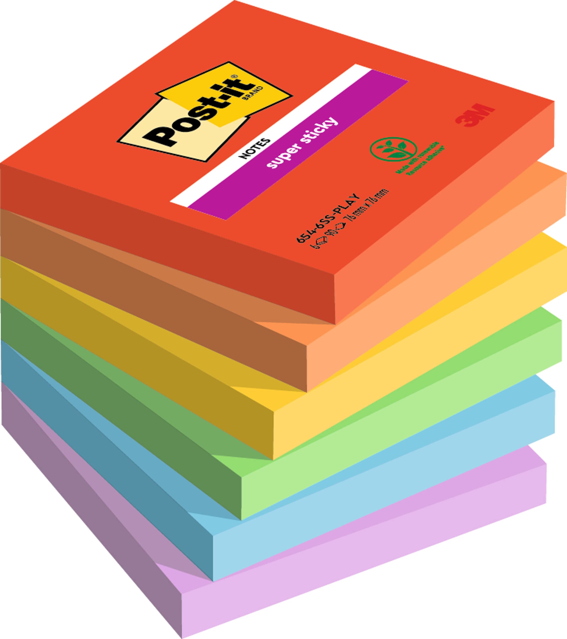 Post-it Super Sticky Notes Playful Color Collection, Pack of 6 Pads, 90 Sheets per Pad, 76 mm x 76 mm, Red, Orange, Yellow, Green, Blue - Extra Sticky Notes For Note Taking, To Do Lists & Reminders