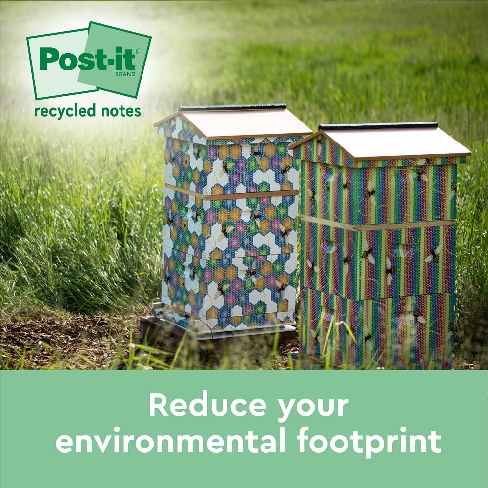 Post-it Recycling Notes Assorted Colours, Pack of 16 Pads, 100 Sheets per Pad, 76 mm mm x 76 mm, Green, Pink, Yellow, Blue - Self-stick notes made from 100% recycled paper