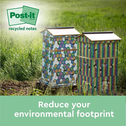 Post-it Recycling Notes Assorted Colours, Pack of 16 Pads, 100 Sheets per Pad, 76 mm mm x 76 mm, Green, Pink, Yellow, Blue - Self-stick notes made from 100% recycled paper