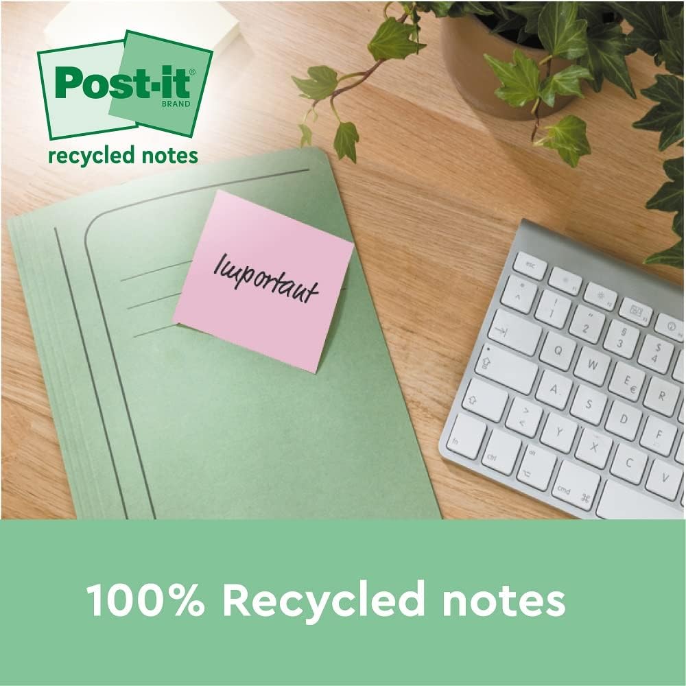 Post-it Recycling Notes Assorted Colours, Pack of 16 Pads, 100 Sheets per Pad, 76 mm mm x 76 mm, Green, Pink, Yellow, Blue - Self-stick notes made from 100% recycled paper