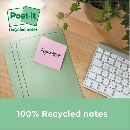 Post-it Recycling Notes Assorted Colours, Pack of 16 Pads, 100 Sheets per Pad, 76 mm mm x 76 mm, Green, Pink, Yellow, Blue - Self-stick notes made from 100% recycled paper