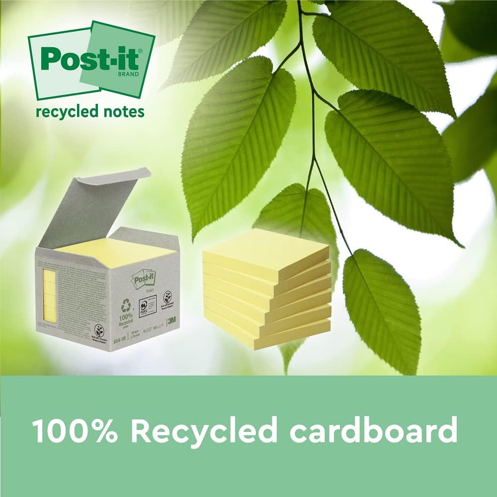 Post-it Recycling Notes Assorted Colours, Pack of 16 Pads, 100 Sheets per Pad, 76 mm mm x 76 mm, Green, Pink, Yellow, Blue - Self-stick notes made from 100% recycled paper
