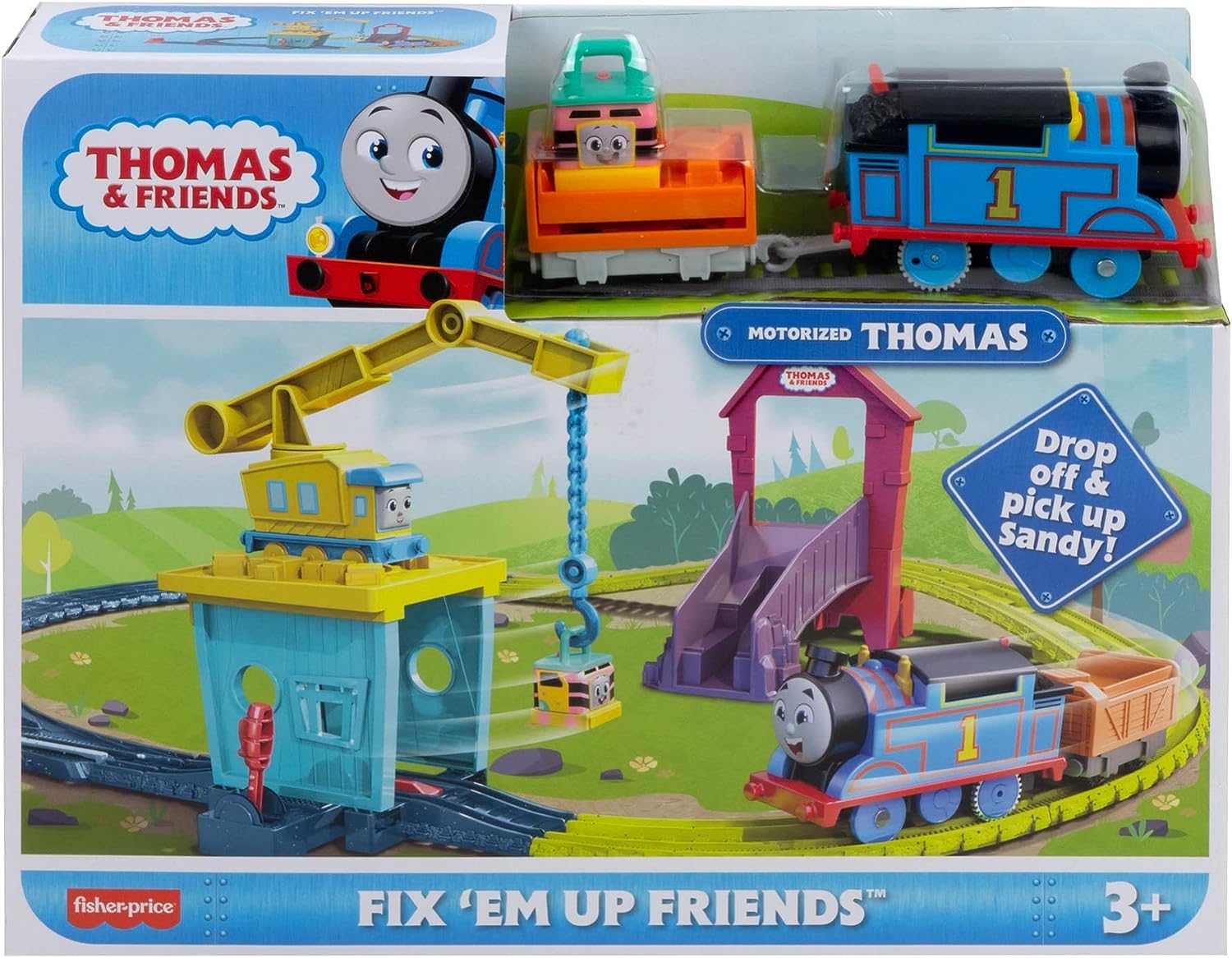 Thomas & Friends Motorized Toy Train Set Fix 'em Up Friends with Carly the Crane & Sandy the Rail Speeder for Preschool Kids Ages 3+ Years, HDY58, Nicht Zutreffend