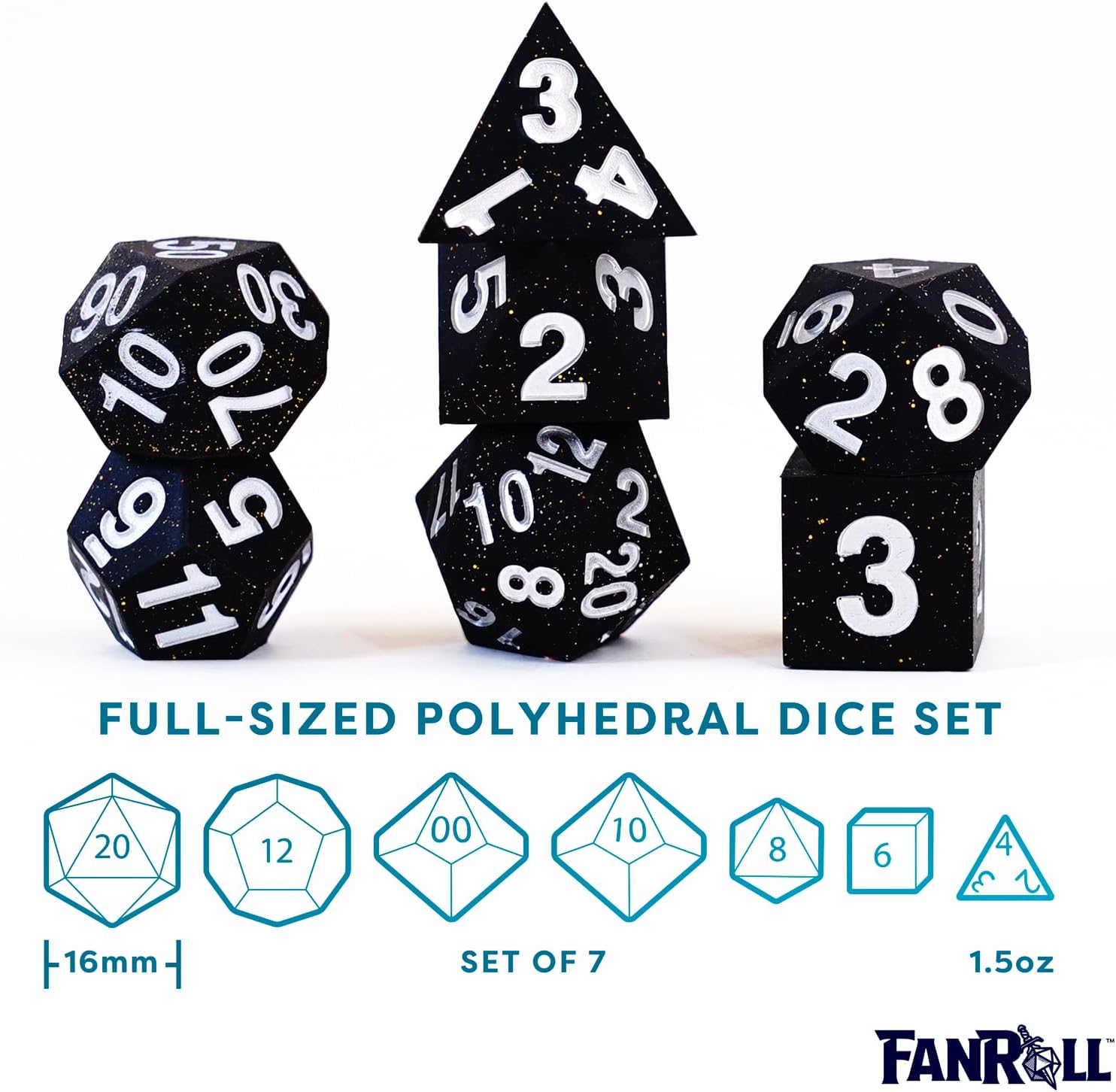 FanRoll 16mm Sharp Edge Silicone Rubber Poly DND Dice Set: Gold Scatter, Role Playing Game Dice for Dungeons and Dragons