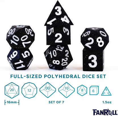 FanRoll 16mm Sharp Edge Silicone Rubber Poly DND Dice Set: Gold Scatter, Role Playing Game Dice for Dungeons and Dragons