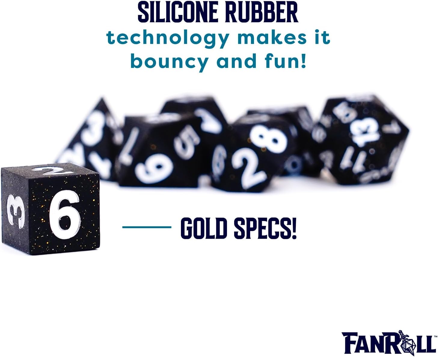 FanRoll 16mm Sharp Edge Silicone Rubber Poly DND Dice Set: Gold Scatter, Role Playing Game Dice for Dungeons and Dragons