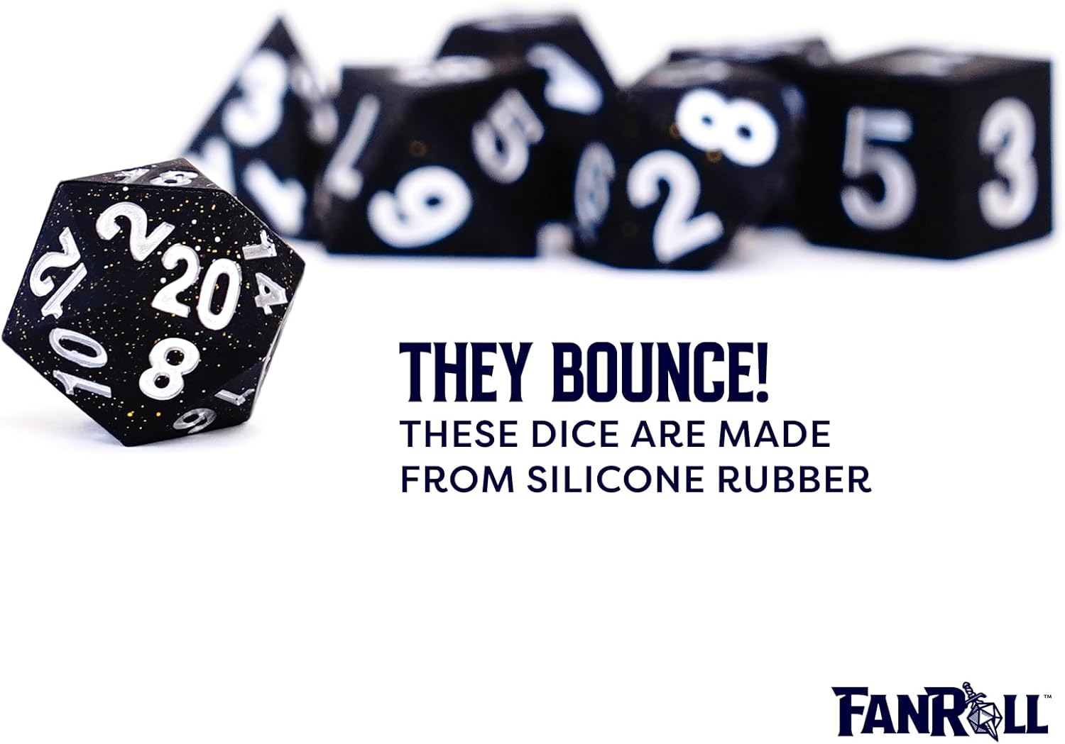 FanRoll 16mm Sharp Edge Silicone Rubber Poly DND Dice Set: Gold Scatter, Role Playing Game Dice for Dungeons and Dragons