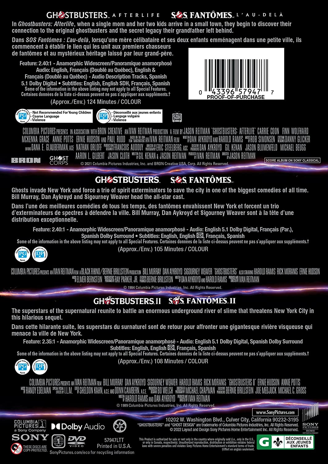 Ghostbusters: 3 Film Collection (Ghostbusters: Afterlife / Ghostbusters (1984) / Ghostbusters II) (Bilingual)
