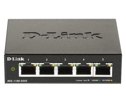 D-Link DGS-1100-05V2 5-Port Gigabit Smart Managed Switch with VLAN support, layer 2 features, QoS, 802.3az EEE, Fanless
