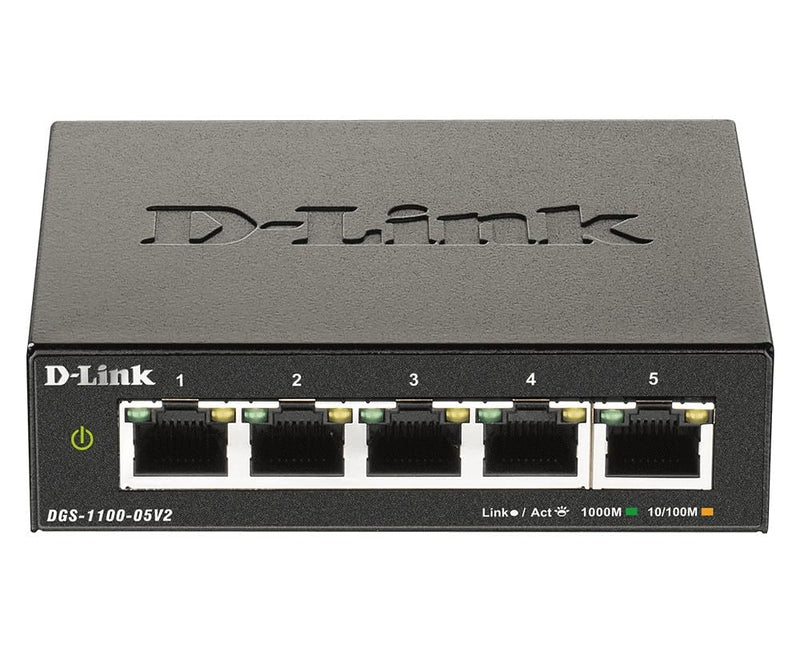 D-Link DGS-1100-05V2 5-Port Gigabit Smart Managed Switch with VLAN support, layer 2 features, QoS, 802.3az EEE, Fanless