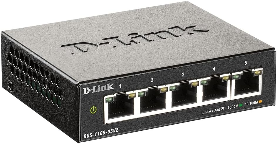 D-Link DGS-1100-05V2 5-Port Gigabit Smart Managed Switch with VLAN support, layer 2 features, QoS, 802.3az EEE, Fanless