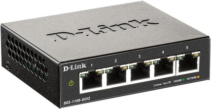 D-Link DGS-1100-05V2 5-Port Gigabit Smart Managed Switch with VLAN support, layer 2 features, QoS, 802.3az EEE, Fanless