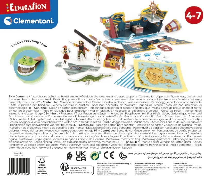 Clementoni - 18104 - Education - Assemble and Play: Pirates Galion - Children's Educational Game - 4 Year Old - Pirate Boat Toy, Creative Hobbies, 100% Recycled Materials, Made in Italy