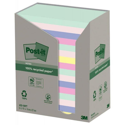 Post-it Recycling Notes Assorted Colours, Pack of 16 Pads, 100 Sheets per Pad, 76 mm x 127 mm, Green, Pink, Blue, Yellow - Self-stick notes made from 100% recycled paper