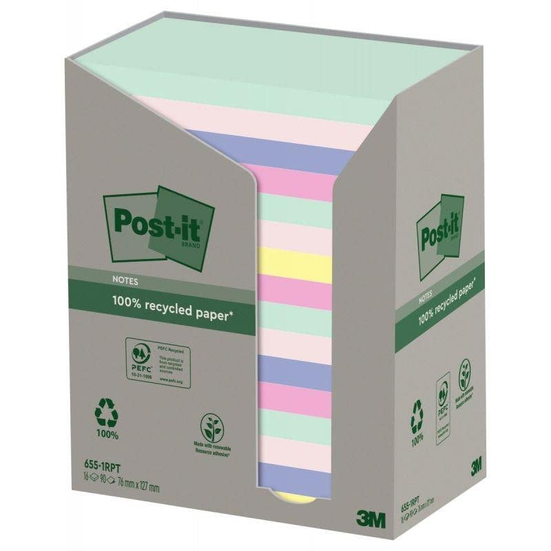 Post-it Recycling Notes Assorted Colours, Pack of 16 Pads, 100 Sheets per Pad, 76 mm x 127 mm, Green, Pink, Blue, Yellow - Self-stick notes made from 100% recycled paper