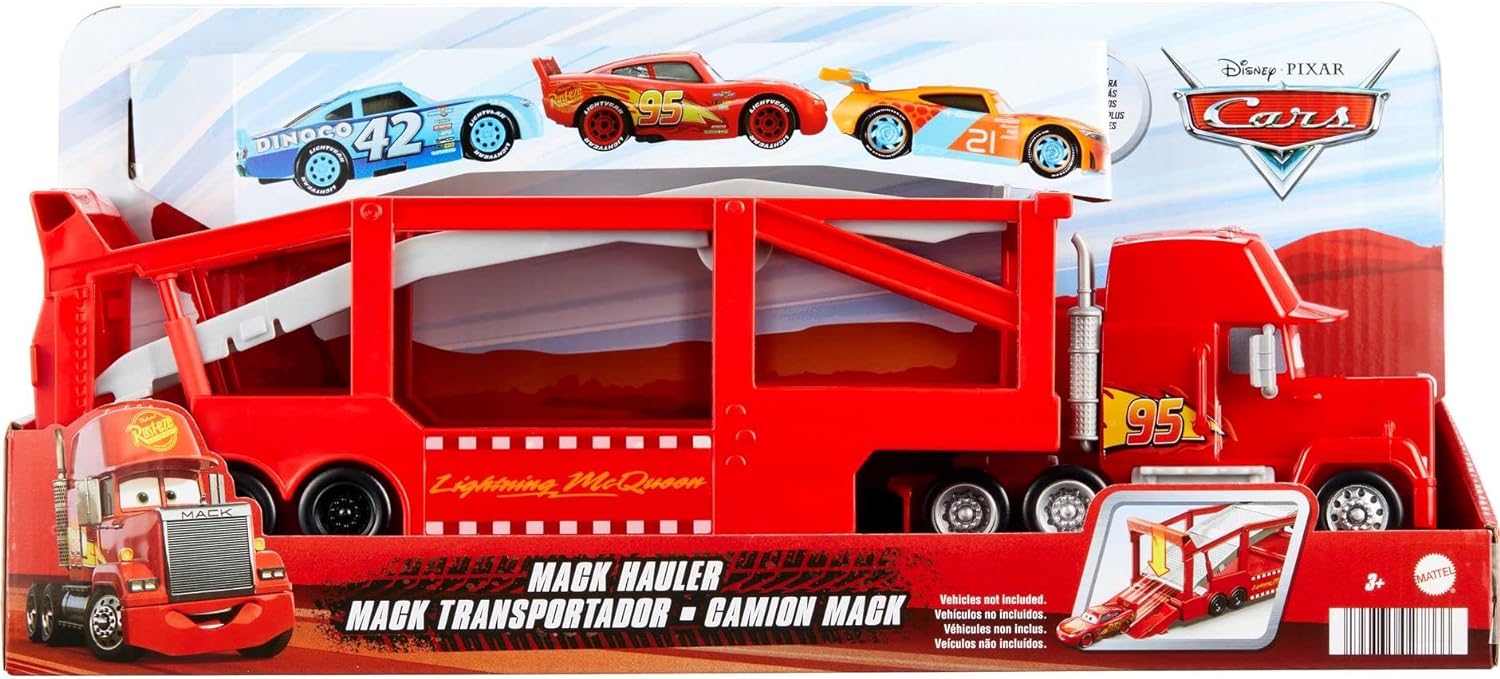 Mattel Disney and Pixar Cars Mack Hauler, 13-inch Toy Transporter Truck with Ramp & Carry Storage for 12 Vehicles, Gift for Kids Ages 4 Years Old & Up, HDN03