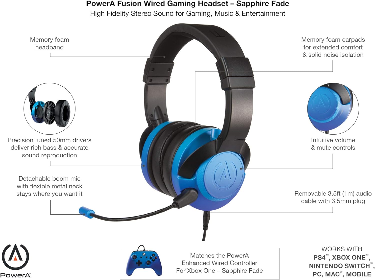 FUSION Gaming Headset/Headphones for Xbox, PS4, Nintendo Switch, PC, Mac, Mobile - Sapphire Fade Sapphire Fade Headset