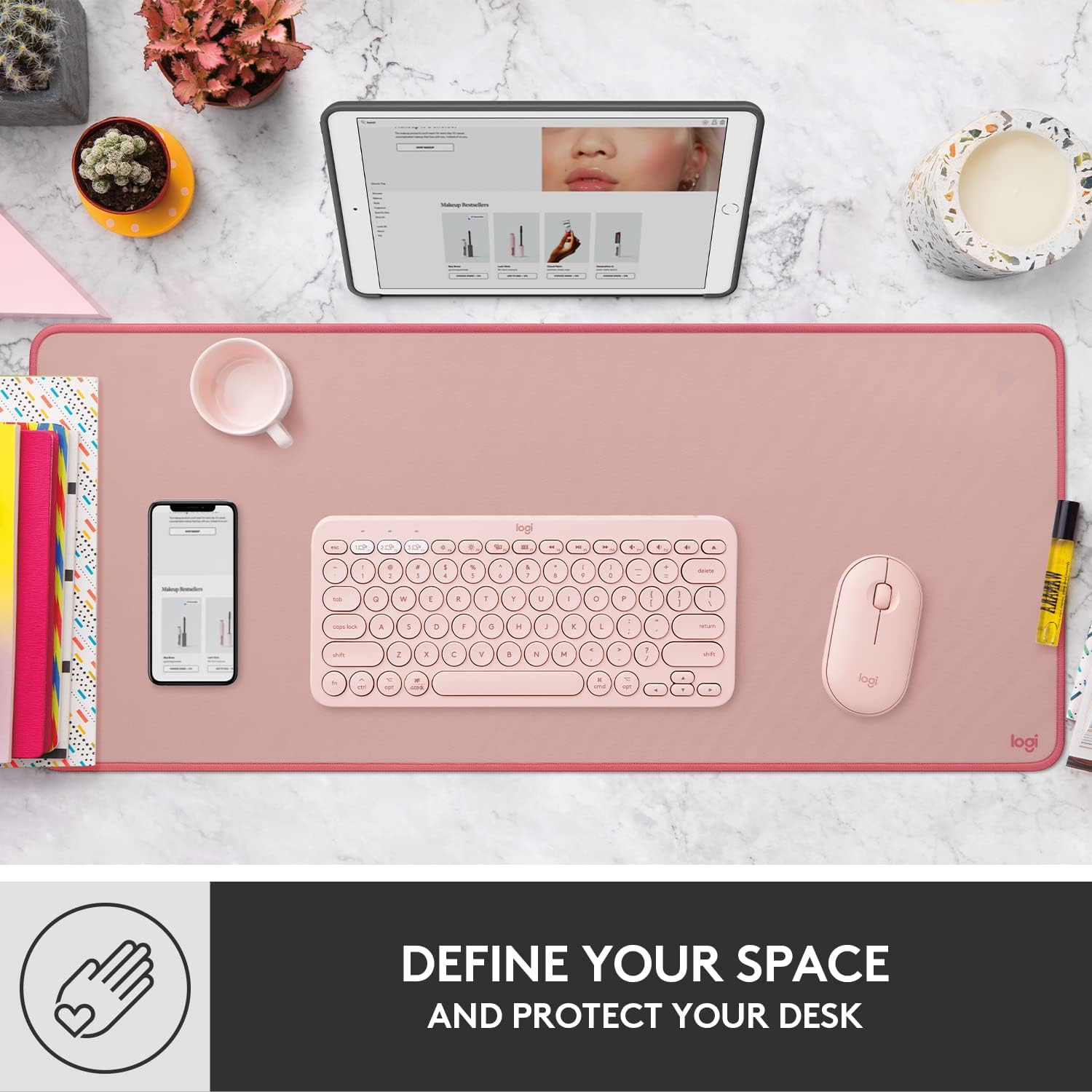 Logitech Desk Mat - Studio Series, Multifunctional Large Desk Pad, Extended Mouse Mat, Office Desk Protector with Anti-slip Base, Spill-resistant Durable Design - Pink Pink Large
