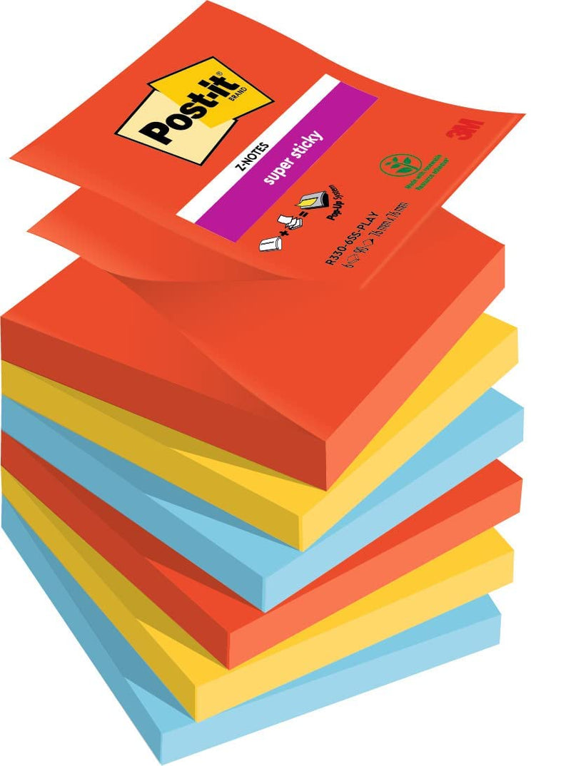 Post-it Super Sticky Z-Notes Playful Color Collection, Pack of 6 Pads, 90 Sheets per Pad,76 mm x 76 mm, Red, Yellow, Blue - Extra Sticky Notes For Note Taking, To Do Lists & Reminders
