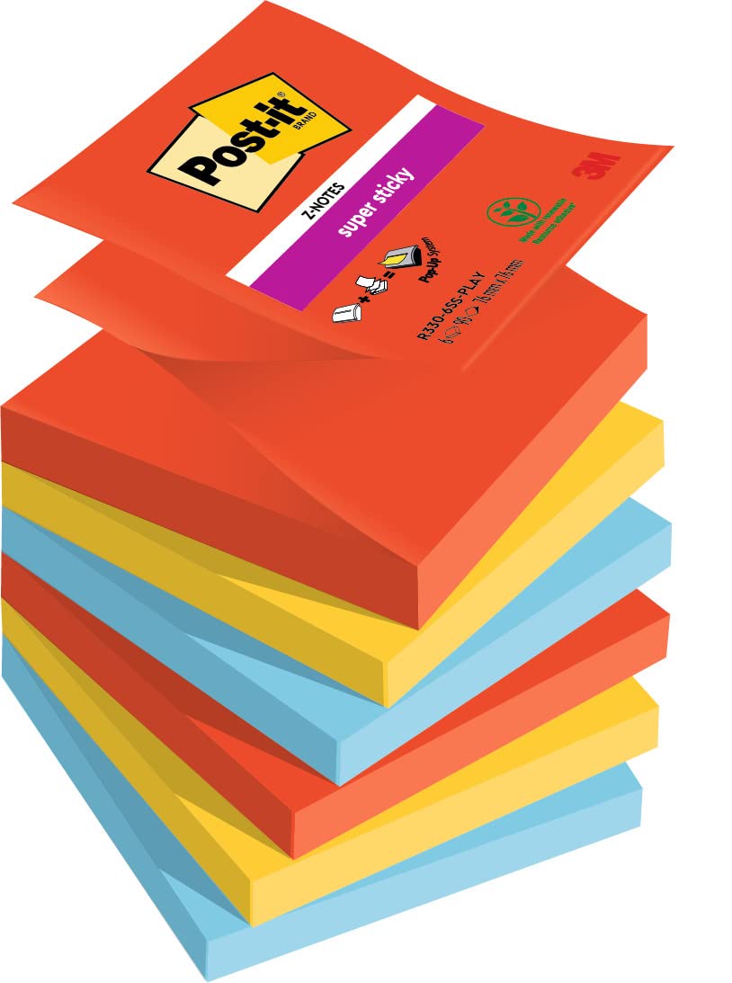 Post-it Super Sticky Z-Notes Playful Color Collection, Pack of 6 Pads, 90 Sheets per Pad,76 mm x 76 mm, Red, Yellow, Blue - Extra Sticky Notes For Note Taking, To Do Lists & Reminders
