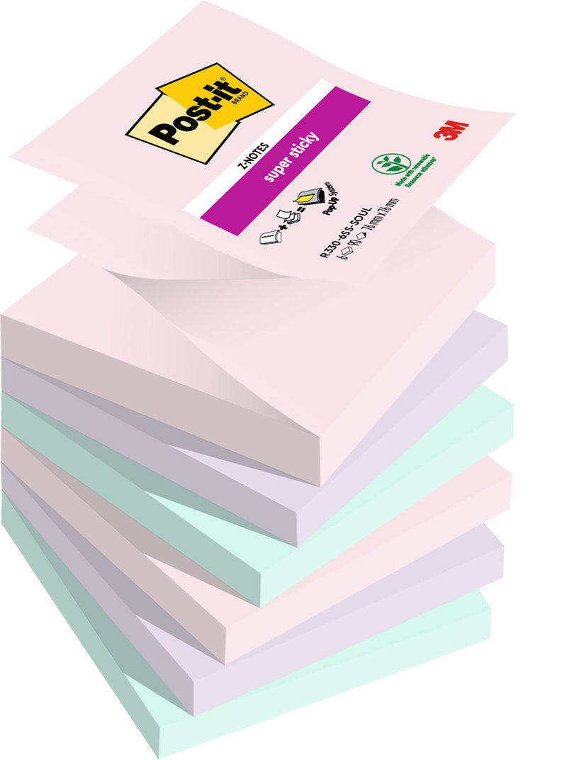 Post-it Super Sticky Z-Notes Soulful Color Collection, Pack of 6 Pads, 90 Sheets per Pad,76 mm x 76 mm, Pink, Purple, Green - Extra Sticky Notes For Note Taking, To Do Lists & Reminders