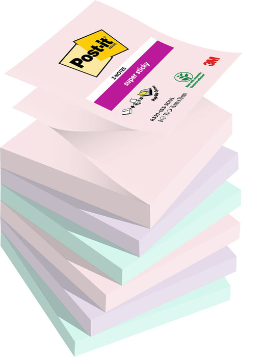 Post-it Super Sticky Z-Notes Soulful Color Collection, Pack of 6 Pads, 90 Sheets per Pad,76 mm x 76 mm, Pink, Purple, Green - Extra Sticky Notes For Note Taking, To Do Lists & Reminders