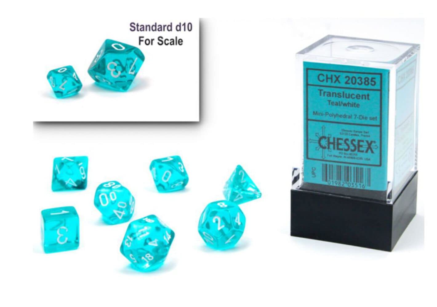 Chessex Juego de dados - Juego de dados poliédricos de plástico translúcido de 10 mm - Mazmorras y dragones D&D DND TTRPG dados - Incluye 7 dados - D4 D6 D8 D10 D12 D20 D% (CHX20385