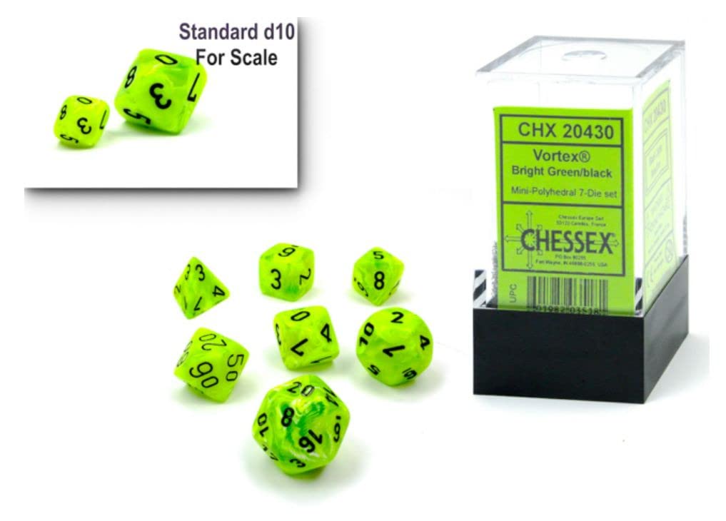 Dice Set - 10mm Vortex Bright Green/Black Plastic Polyhedral Dice Set - Dungeons and Dragons D & D DND TTRPG Dice - Includes 7 Dice - D4 D6 D8 D10 D12 D20 D%,CHX20430