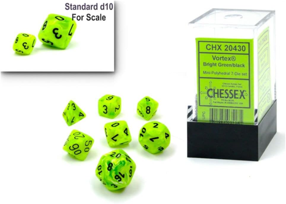 Dice Set - 10mm Vortex Bright Green/Black Plastic Polyhedral Dice Set - Dungeons and Dragons D & D DND TTRPG Dice - Includes 7 Dice - D4 D6 D8 D10 D12 D20 D%,CHX20430