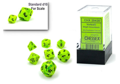Dice Set - 10mm Vortex Bright Green/Black Plastic Polyhedral Dice Set - Dungeons and Dragons D & D DND TTRPG Dice - Includes 7 Dice - D4 D6 D8 D10 D12 D20 D%,CHX20430