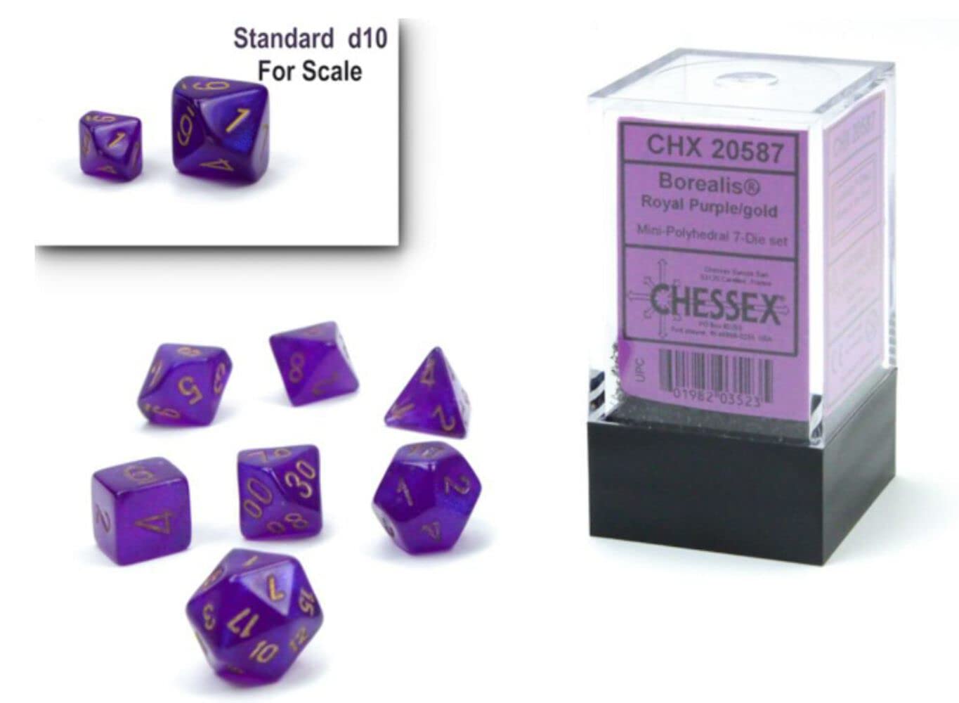 Chessex Dice Set – 10mm Borealis Purple/Gold Luminary Polyhedral Dice Set – Dungeons and Dragons D&D DND TTRPG Dice – Includes 7 Dice - D4 D6 D8 D10 D12 D20 D% (CHX20587