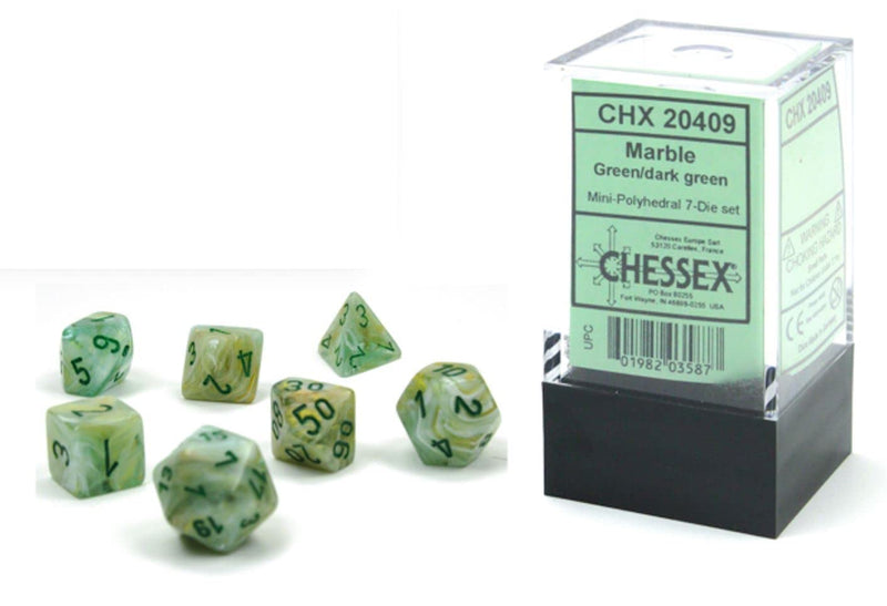 Chessex Dice Set – 10mm Marble Green/Dark Green Plastic Polyhedral Dice Set – Dungeons and Dragons D&D DND TTRPG Dice – Includes 7 Dice - D4 D6 D8 D10 D12 D20 D% (CHX20409