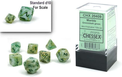 Chessex Dice Set – 10mm Marble Green/Dark Green Plastic Polyhedral Dice Set – Dungeons and Dragons D&D DND TTRPG Dice – Includes 7 Dice - D4 D6 D8 D10 D12 D20 D% (CHX20409