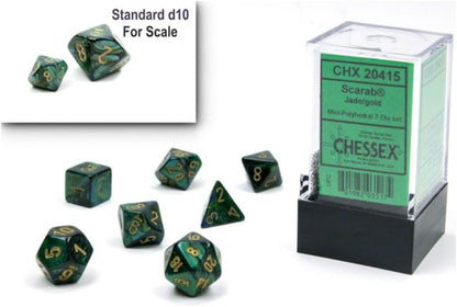 Chessex Dice Set – 10mm Scarab Jade/Gold Green Plastic Polyhedral Dice Set – Dungeons and Dragons D&D DND TTRPG Dice – Includes 7 Dice - D4 D6 D8 D10 D12 D20 D% (CHX20415)