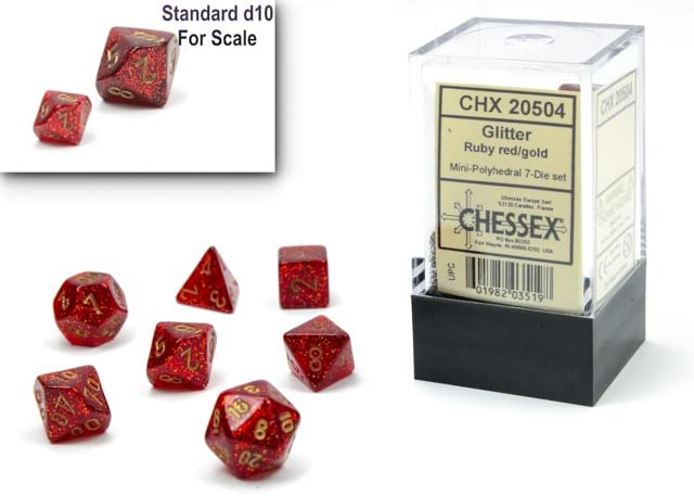 Chessex Dice Set – 10mm Glitter Red/Gold Polyhedral Dice Set – Dungeons and Dragons D&D DND TTRPG Dice – Includes 7 Dice - D4 D6 D8 D10 D12 D20 D%, (CHX20504