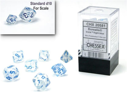 Chessex Dice Set – 10mm Borealis Light Blue Luminary Polyhedral Dice Set – Dungeons and Dragons D&D DND TTRPG Dice – Includes 7 Dice - D4 D6 D8 D10 D12 D20 D%, (CHX20581