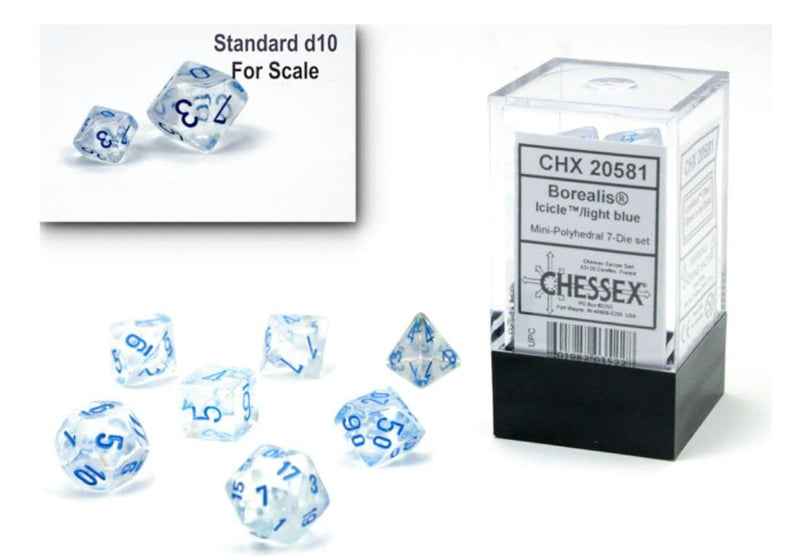 Chessex Dice Set – 10mm Borealis Light Blue Luminary Polyhedral Dice Set – Dungeons and Dragons D&D DND TTRPG Dice – Includes 7 Dice - D4 D6 D8 D10 D12 D20 D%, (CHX20581