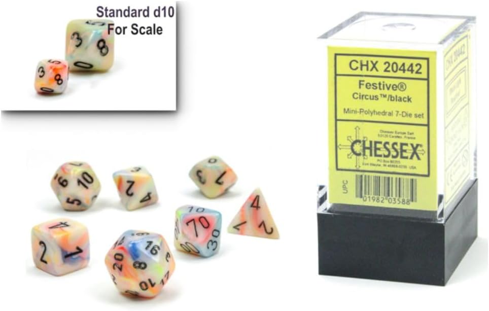 Chessex Dice Set – 10mm Festive Circus/Black Plastic Polyhedral Dice Set – Dungeons and Dragons D&D DND TTRPG Dice – Includes 7 Dice - D4 D6 D8 D10 D12 D20 D%,CHX20442