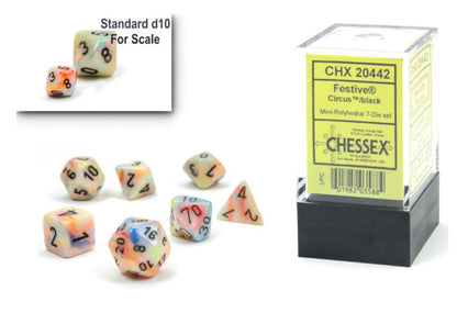 Chessex Dice Set – 10mm Festive Circus/Black Plastic Polyhedral Dice Set – Dungeons and Dragons D&D DND TTRPG Dice – Includes 7 Dice - D4 D6 D8 D10 D12 D20 D%,CHX20442