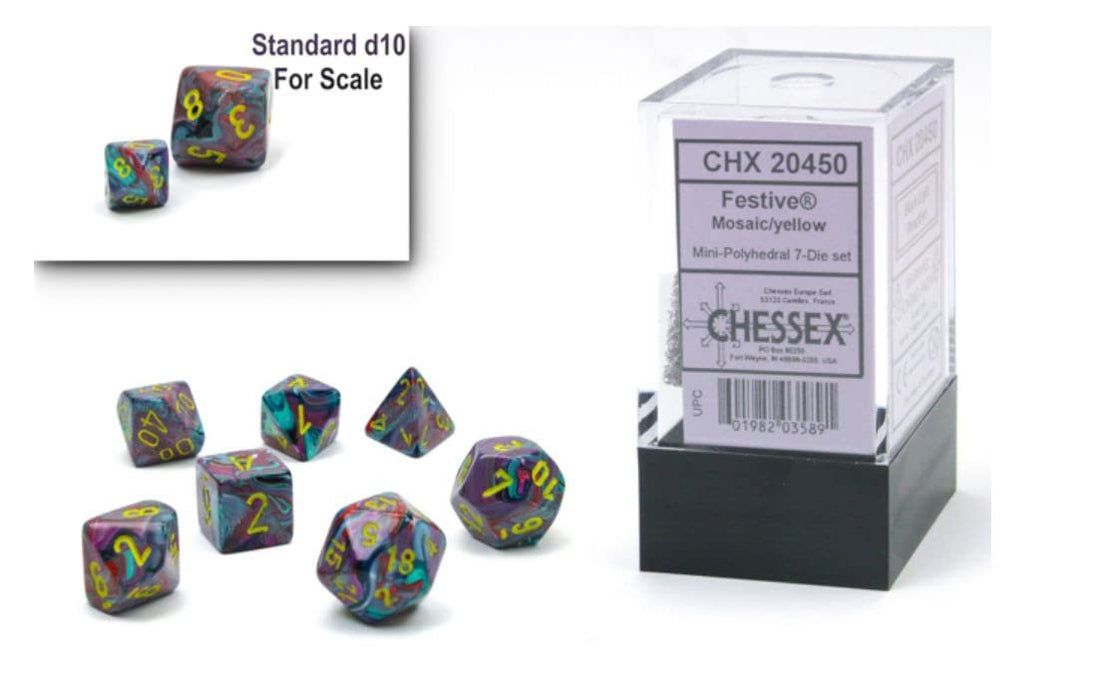 Chessex Dice Set – 10mm Festive Mosaic/Yellow Plastic Polyhedral Dice Set – Dungeons and Dragons D&D DND TTRPG Dice – Includes 7 Dice - D4 D6 D8 D10 D12 D20 D% (CHX20450