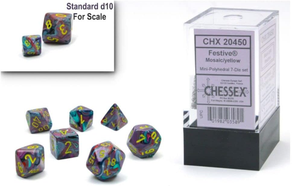 Chessex Dice Set – 10mm Festive Mosaic/Yellow Plastic Polyhedral Dice Set – Dungeons and Dragons D&D DND TTRPG Dice – Includes 7 Dice - D4 D6 D8 D10 D12 D20 D% (CHX20450