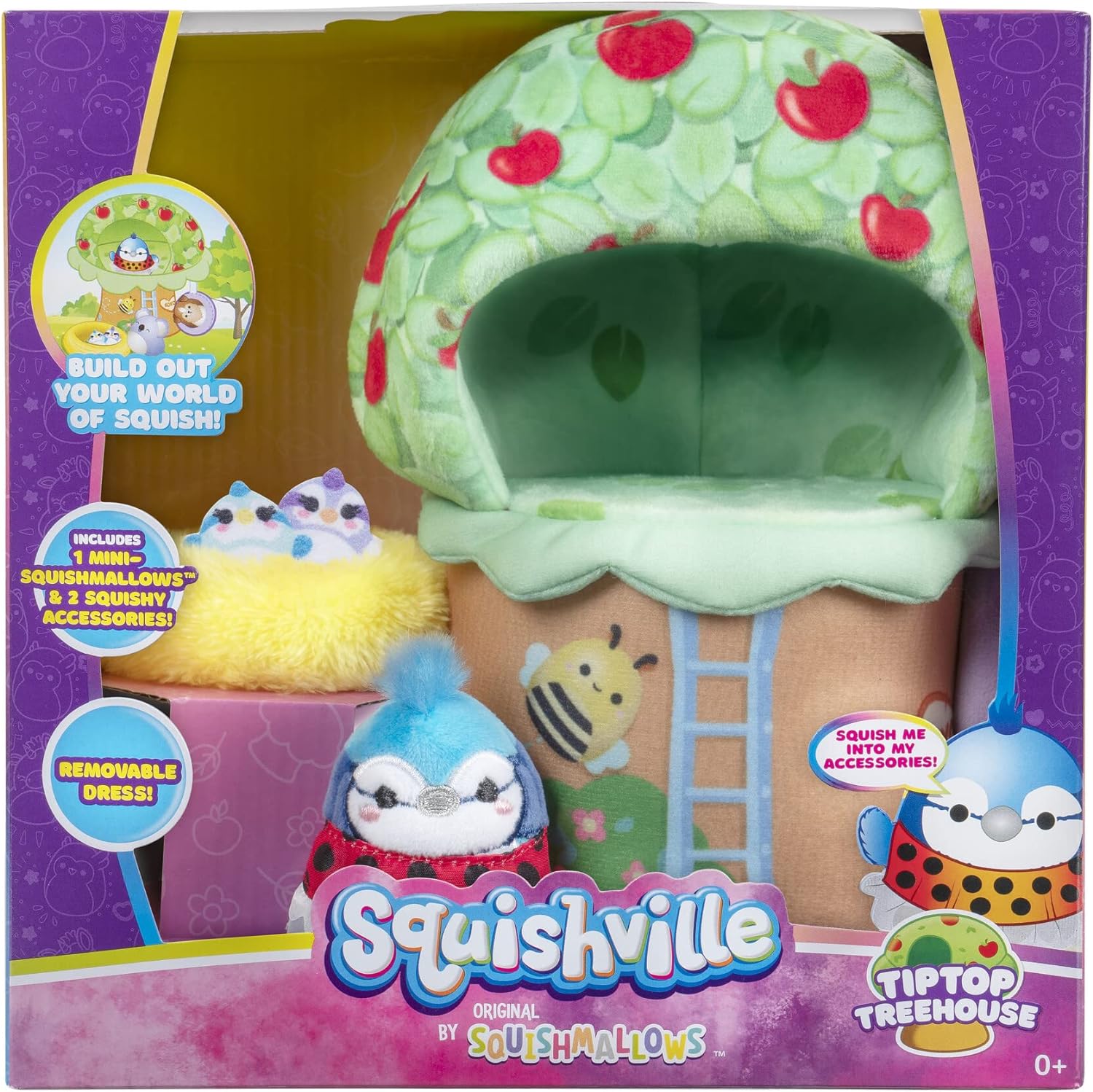 Squishville SQM0209 Deluxe Tiptop Treehouse Includes 2-Inch Babs The Blue Jay Plush, Ladybug Dress, Bird’s Nest & Treehouse Playscene-Toys for Kids, Multi, Play Scene Squishville TipTop Treehouse Deluxe Play Scene