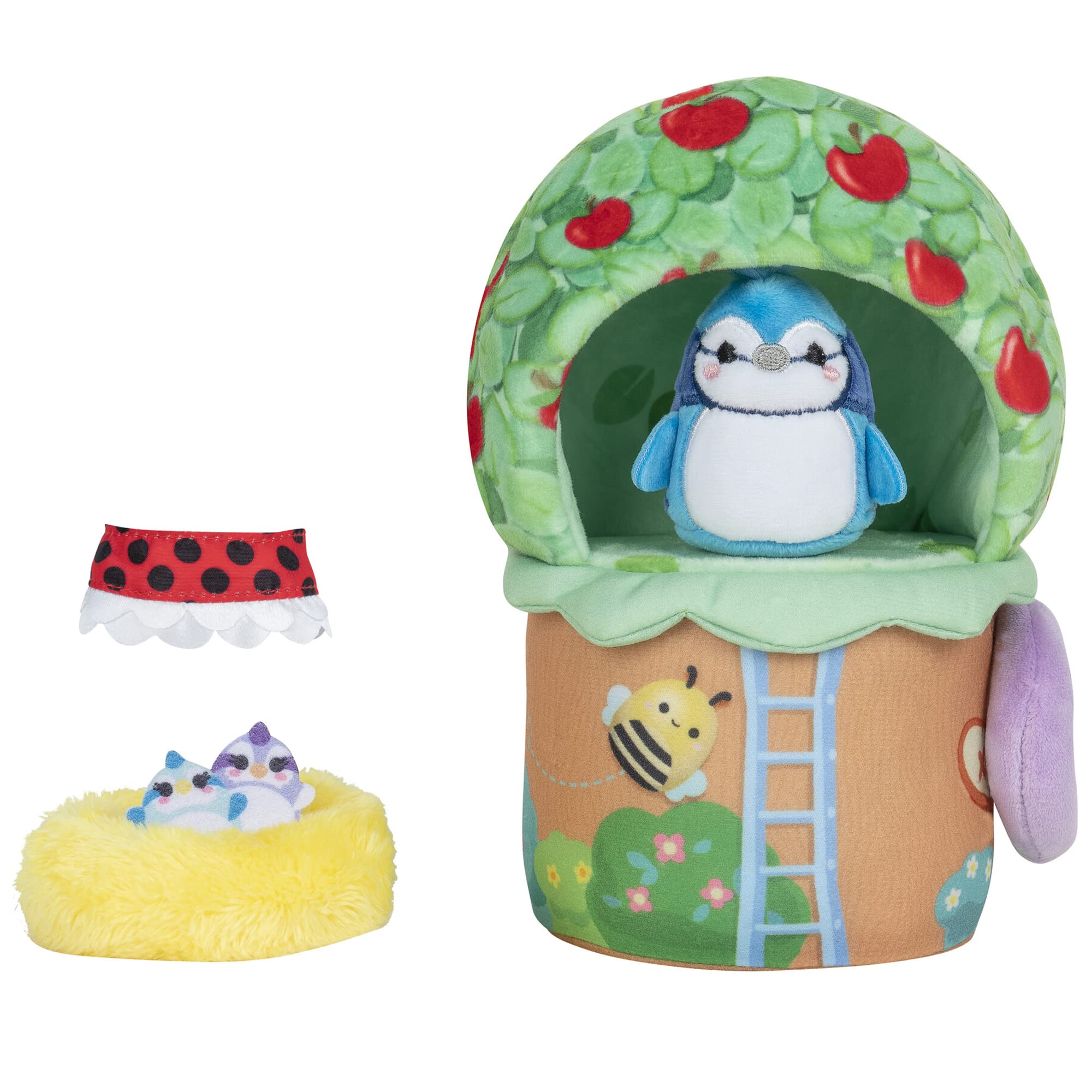 Squishville SQM0209 Deluxe Tiptop Treehouse Includes 2-Inch Babs The Blue Jay Plush, Ladybug Dress, Bird’s Nest & Treehouse Playscene-Toys for Kids, Multi, Play Scene Squishville TipTop Treehouse Deluxe Play Scene