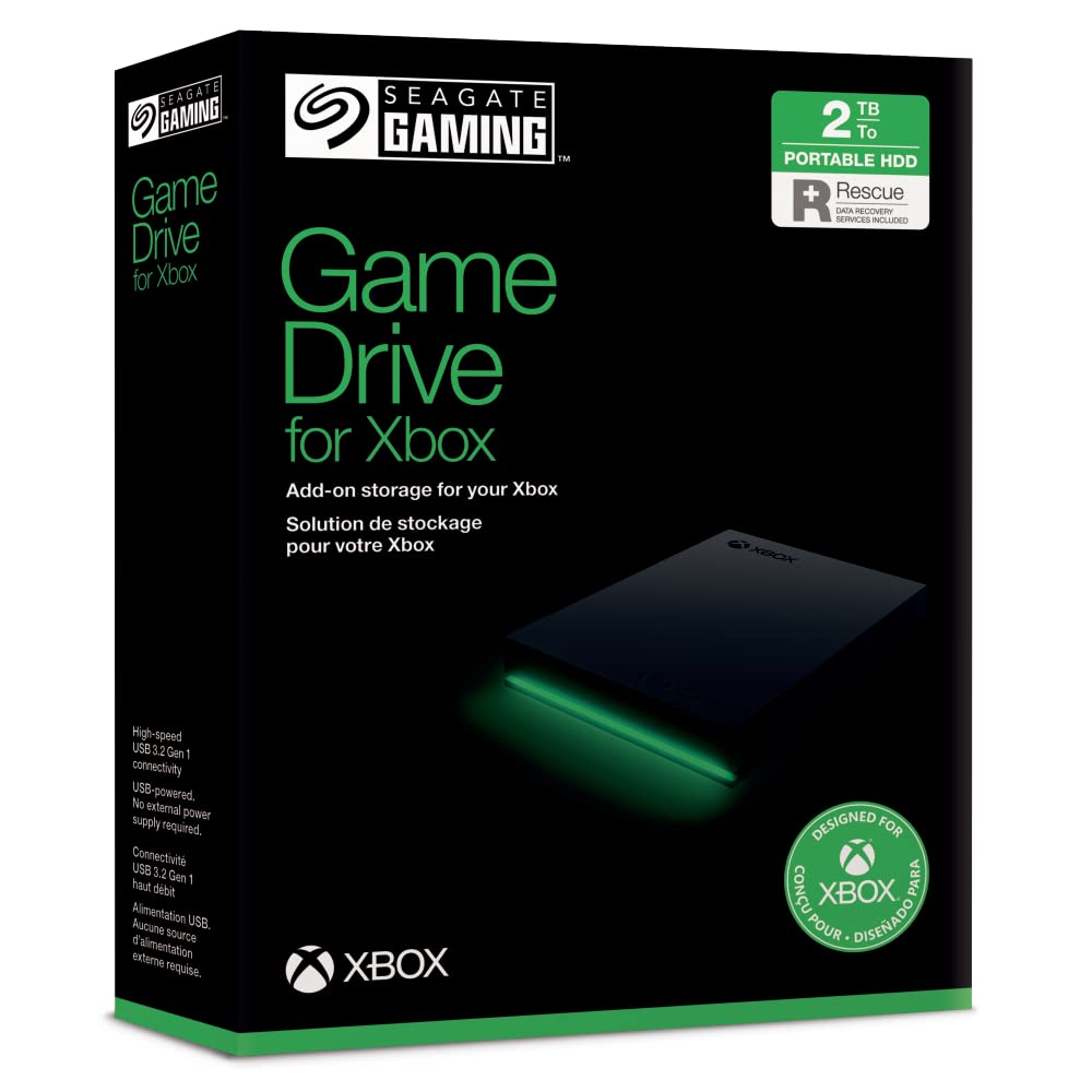 Seagate Game Drive for Xbox, 2TB, External Hard Drive Portable, USB 3.2 Gen 1, Black with built-in green LED bar, Xbox Certified, 2 year Rescue Services (STKX2000400