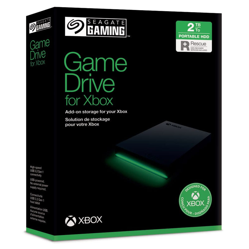 Seagate Game Drive for Xbox, 2TB, External Hard Drive Portable, USB 3.2 Gen 1, Black with built-in green LED bar, Xbox Certified, 2 year Rescue Services (STKX2000400